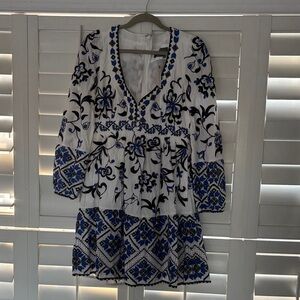 Anthropologie White Mini Dress with Blue & Black Floral Embroidery